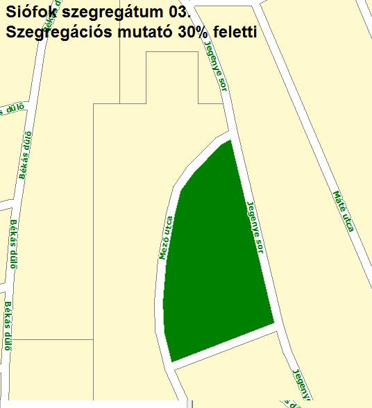 227 3. szegregációval veszélyeztetett terület: Jegenye sor - Névtelen utca - Mező utca által határol terület A szegregációs mutató értéke 33,7%. A veszélyeztetett terület akár csak az 1.