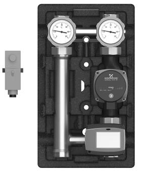 Különleges szivattyú csoportok 02 Szivattyú csoportok ekviterm szabályzással Teljes összeállítás a keringtető szivattyúval (180 mm), 2 m csatlakozó kábellel, két háromutas gömbcsappal (egy kézzel