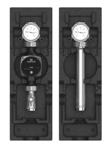 Szivattyú csoportok DN 25-32 02 V-UK szivattyú csoportok (nem kevert kör az elosztókhoz tengelytáv 200 mm és 250 mm) Teljes egység keringtető szivattyúval (180 mm), két gömbcsap (a visszatérő