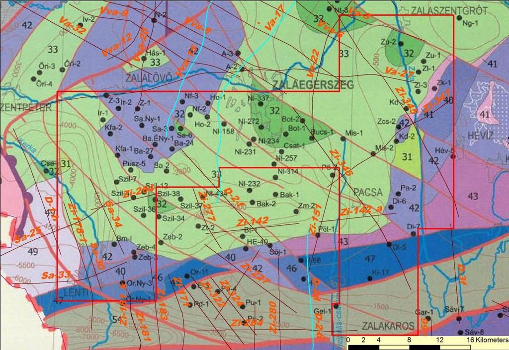 Zala. Komplex érzékenységi és terhelhetőségi vizsgálati jelentés 10. ábra. A Zala terület helyszínrajza a vetősűrűségi vizsgálatokhoz felhasznált szeizmikus szelvényekkel.