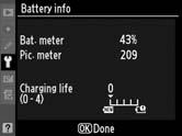 Battery Info (Akkumulátoradatok) A fényképezőgépben aktuálisan használt akkumulátor adatainak megjelenítése. Elem Bat. meter (Töltöttségi szint) Pic.