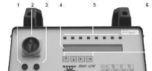 A csaphegesztő berendezés (áramforrás) 1, 3 Biztosítékok 2 Főkapcsoló 4 LCD kijelző 5 Visszajelző LED-sor 6 Beállítógombok 7 Csapadagoló előre sűrített tt levegő