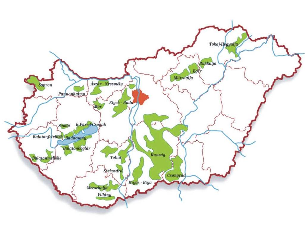 Magyarország borvidékei Ászár-Neszmély Badacsony Balatonfüred-Csopak Balaton-felvidék Bükkalja Csongrád Dél-Balaton Eger Etyek-Buda Hajós-Baja Kunság Mátraalja Mecsekalja Mór Pannonhalma-Sokoróalja