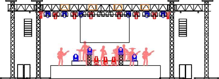 Fénytechnika MECHANIKA: 12m (széles) x 10m (mély) 8m magas 4 lábas tartószerkezet / tetőrendszer kiegészítő elemmel színpadnyíláson kívüli hangriggeléshez.