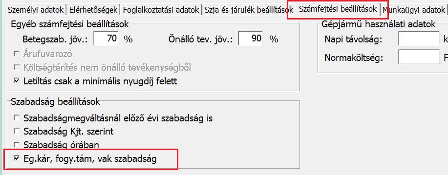 Egészségkárosodott személy pótszabadságának automatikus kezelése A Személyek - Személyi adatok menüpontban, a Számfejtési beállítások fülön