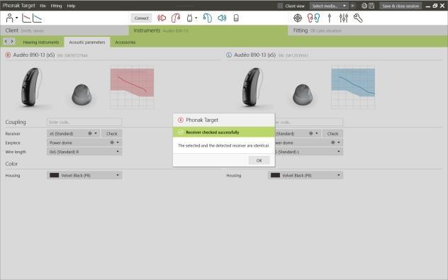 A hangszóró ellenörzése A készülékek elsö csatlakoztatásakor a Phonak Target ellenörzi, hogy az Audéo B eszközök hangszórója megegyezik-e az [Akusztikai paraméterek] képernyön kiválasztottal.