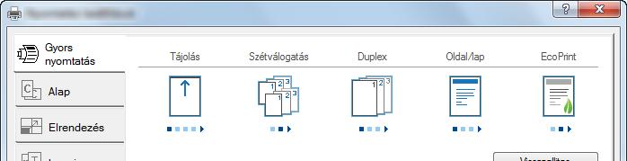 Nyomtatás A nyomtató-illesztőprogram beállítások képernyő A nyomtató-illesztőprogram beállítások képernyő lehetővé teszik a különféle nyomtatási beállítások konfigurálását.