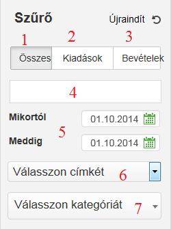 A kiadások és bevételek megjelenítési formái szűrővel rendelkeznek típusok/kategóriák szerinti kiválasztás érdekében, egy meghatározott időszakra: 1.