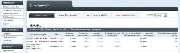 11.7 Információs menüpontok 11.7.1 Egyenlegközlő menüpont 11.7.1.1 Számlaegyenleg Ebben a menüpontban megtekinthetők az értékpapír és pénz számlaegyenlegek ill. ezek piaci értéke.