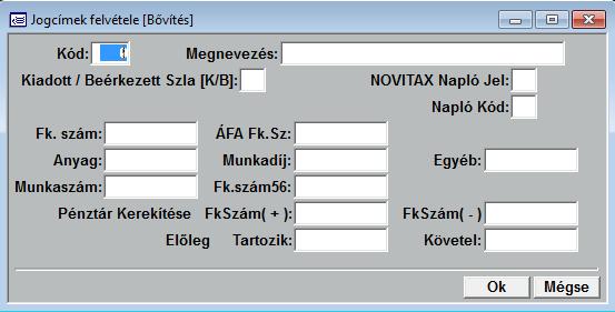 Kód: Jogcím 3 hosszú numerikus kódja Megnevezés: A jogcím megnevezése Kiadott / Beérkezett Szla [K/B]: Kiadott vagy beérkezett számla Értékei: B,K NOVITAX Napló Jel: Novitaxban használható