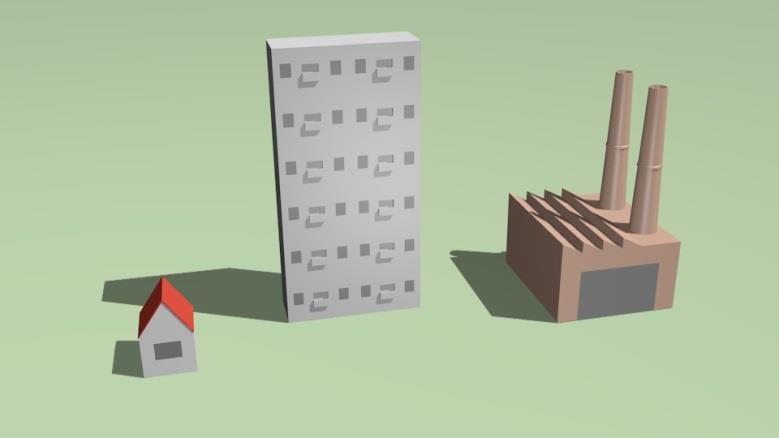 2. ábra. A 3D jelek lehetnek valós térbeli testek egyszerűsített geometriai modelljei, például épületek típusok.