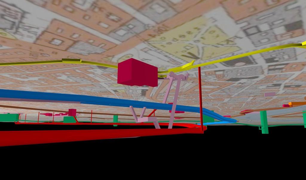 76. ábra. Deák tér alulnézetből. Középen magentával az Akvárium Klub látható, közelében a metróvonalak, az egyes átszállási lehetőségekkel.