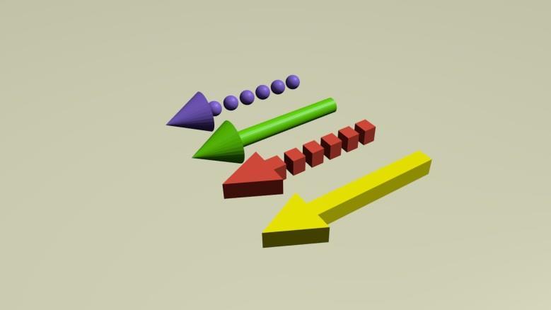 19. ábra. A 3D-s nyilak lehetnek a függőleges tengely mentén nyújtottak (sárga, piros) vagy képezhető forgástest belőle (zöld, lila).