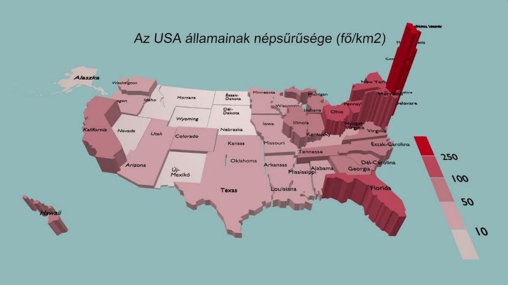 63. ábra. A 3D-s felületkartogram az USA államainak népsűrűségét mutatja be.