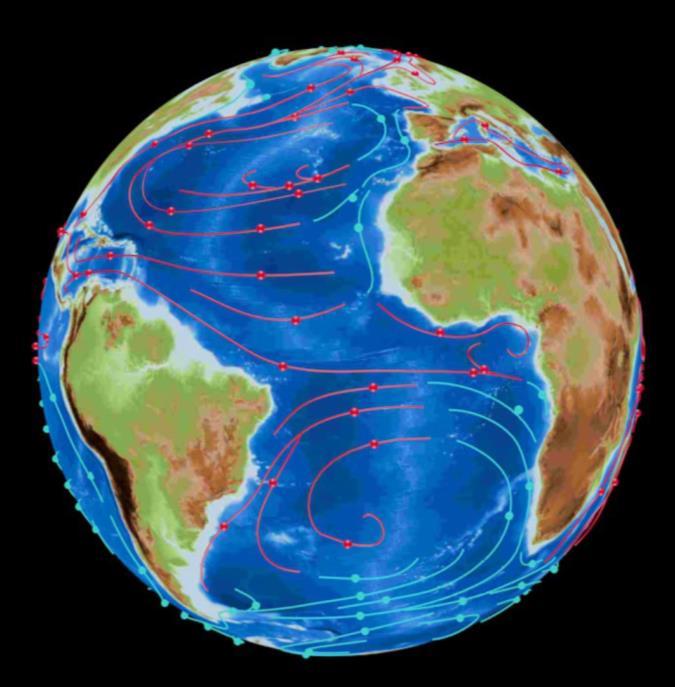 Mozgásvonal módszer: A mozgásvonal módszerrel készített példatérkép az óceánok áramlását mutatja be animált térkép formájában. Az 70.