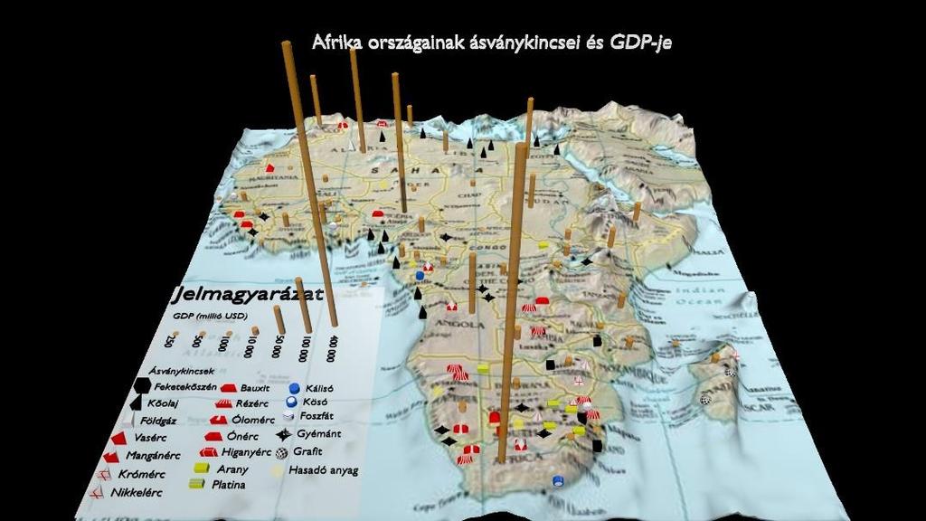 71. ábra. A térkép az Afrikai országok ásványkincseit és GDP-jét mutatja be a 3D-s jel és diagram módszerrel.
