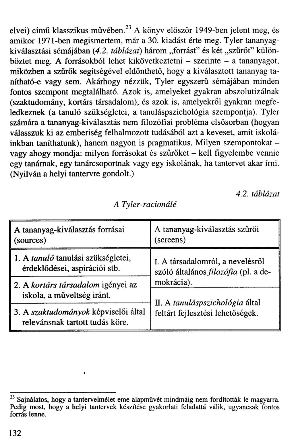 elvei) című klasszikus művében. 23 A könyv először 1949-ben jelent meg, és amikor 1971-ben megismertem, már a 30. kiadást érte meg. Tyler tananyagkiválasztási sémájában (4.2. táblázat) három forrást" és két szűrőt" különböztet meg.