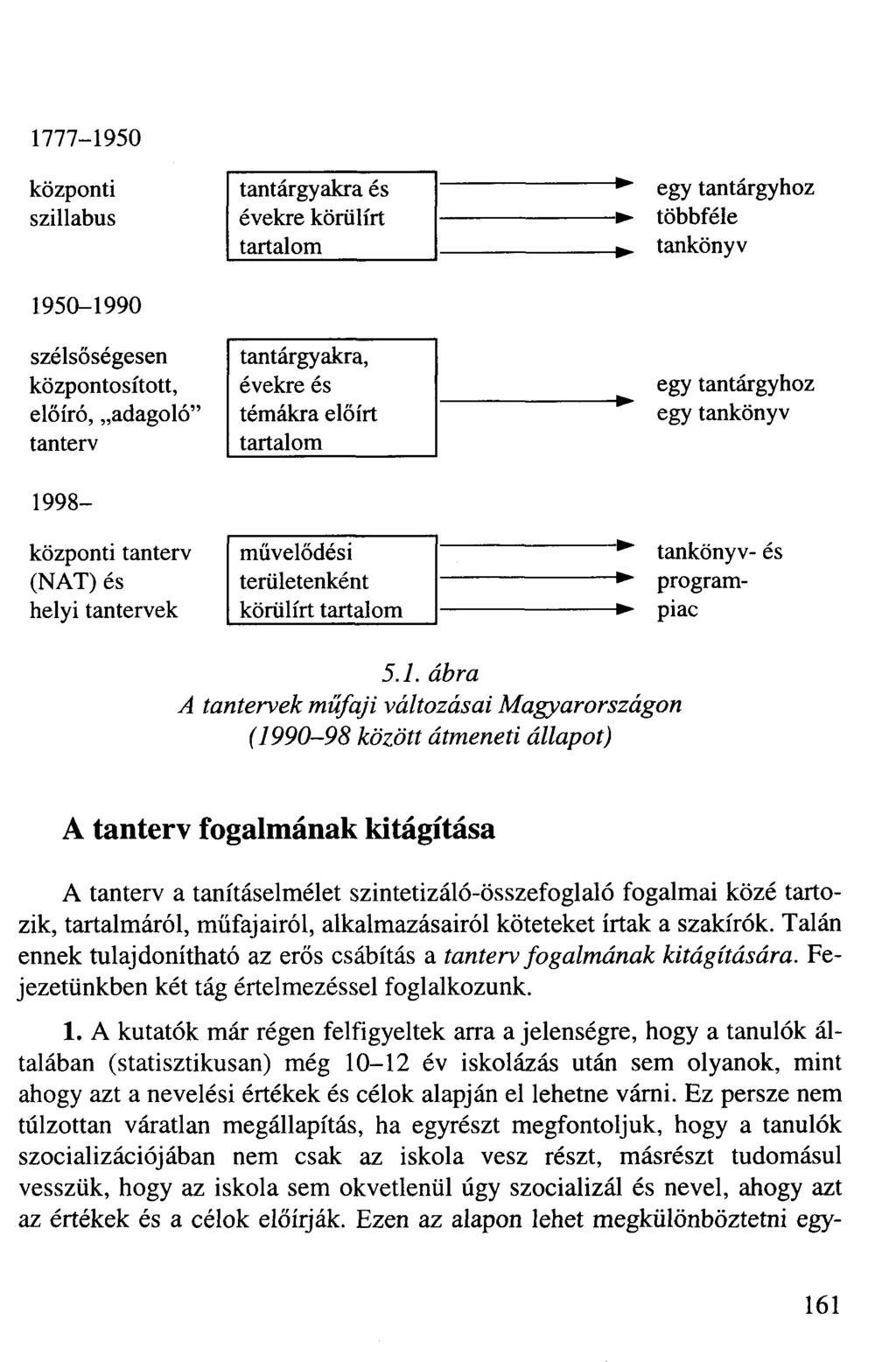 1777-1950 központi tantárgyakra és egy tantárgyhoz szillabus évekre körülírt többféle tartalom tankönyv 1950-1990 szélsőségesen tantárgyakra, központosított, évekre és egy tantárgyhoz előíró,