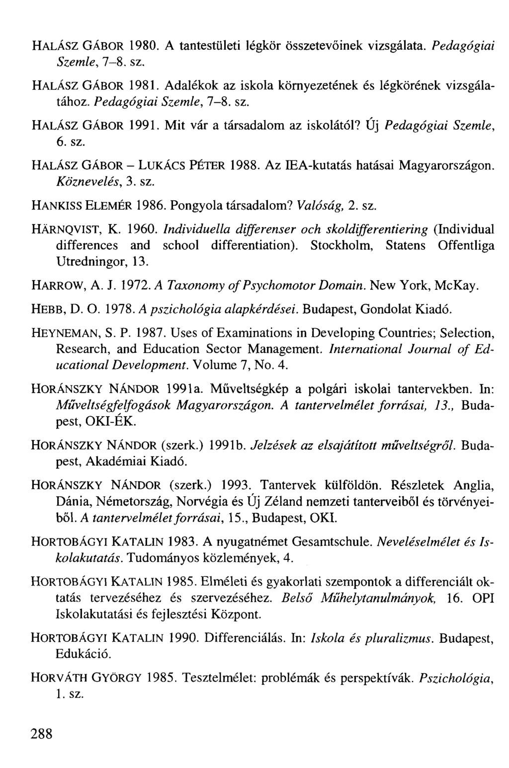 HALÁSZ GÁBOR 1980. A tantestületi légkör összetevőinek vizsgálata. Pedagógiai Szemle, 7 8. sz. HALÁSZ GÁBOR 1981. Adalékok az iskola környezetének és légkörének vizsgálatához. Pedagógiai Szemle, 7-8.