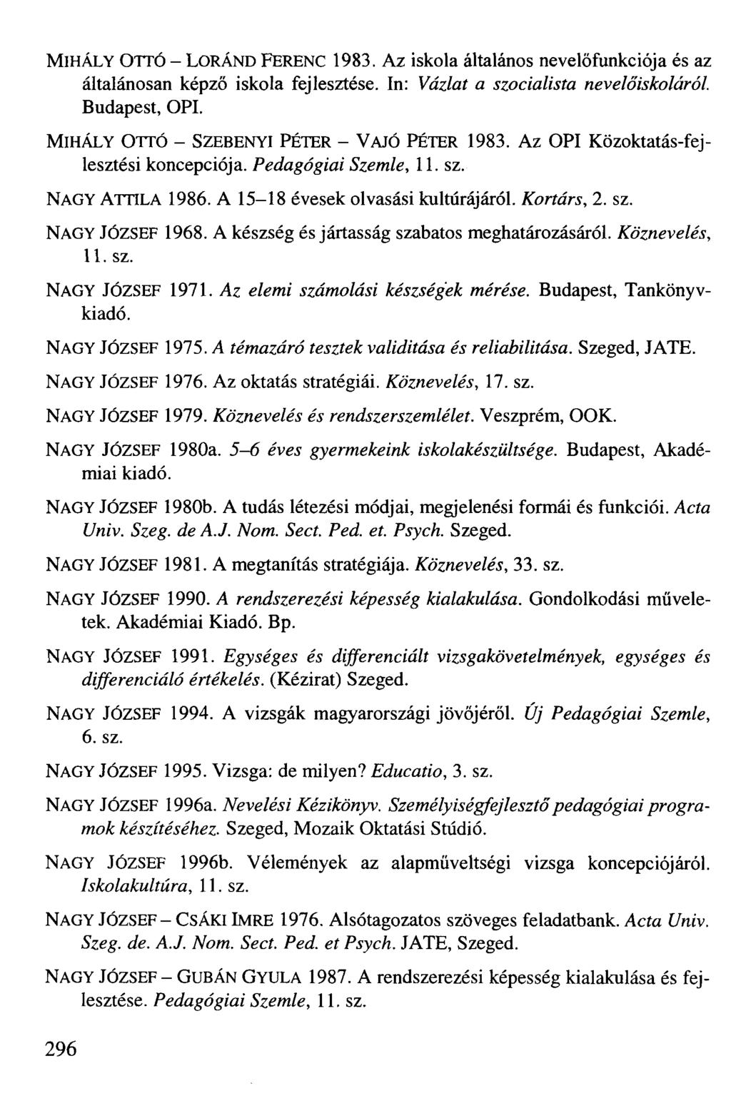 MIHÁLY OTTÓ - LORÁND FERENC 1983. Az iskola általános nevelőfunkciója és az általánosan képző iskola fejlesztése. In: Vázlat a szocialista nevelőiskoláról. Budapest, OPI.