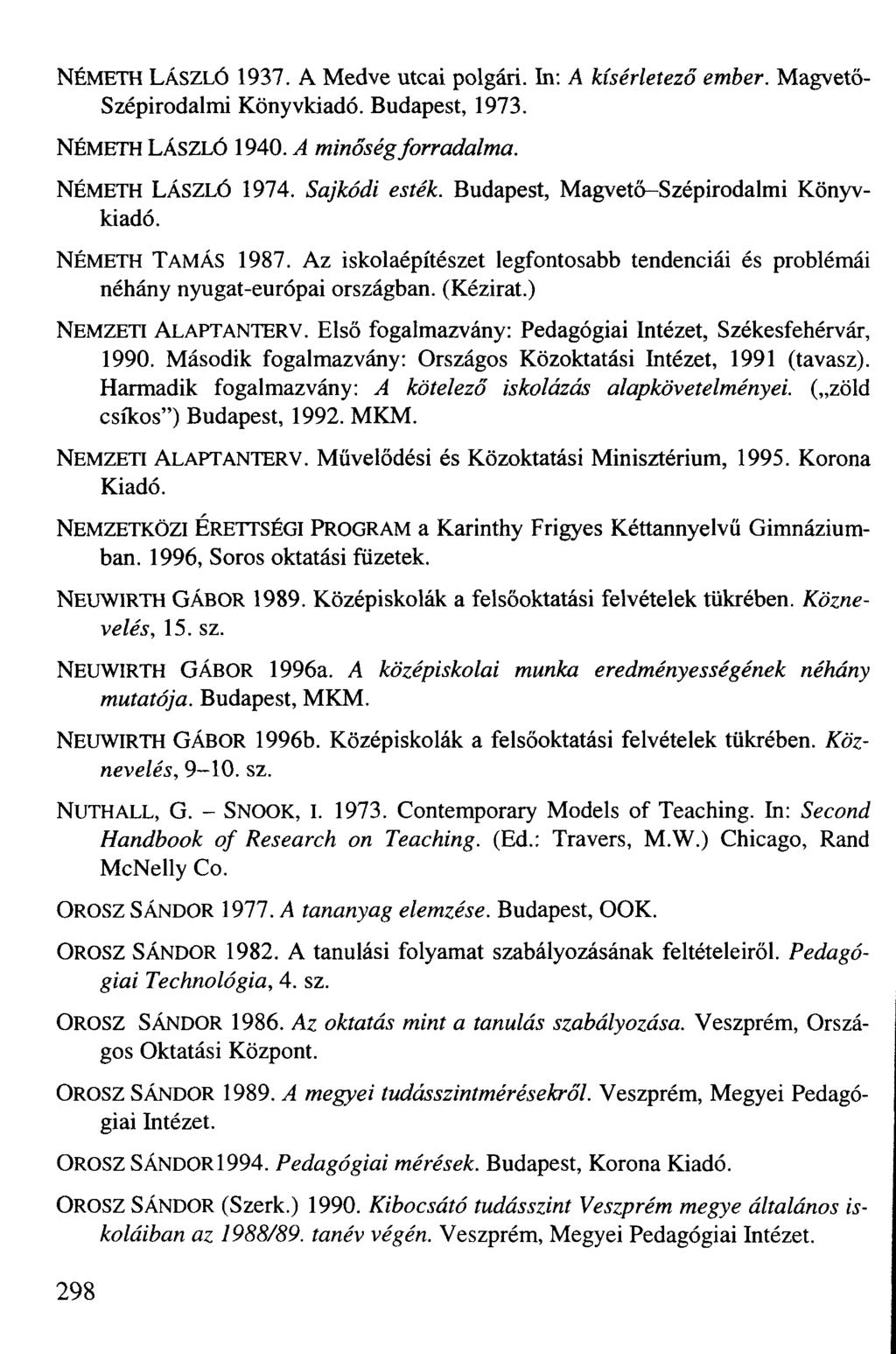 NÉMETH LÁSZLÓ 1937. A Medve utcai polgári. In: A kísérletező Szépirodalmi Könyvkiadó. Budapest, 1973. NÉMETH LÁSZLÓ 1940. A minőség forradalma. ember. Magvető- NÉMETH LÁSZLÓ 1974. Sajkódi esték.