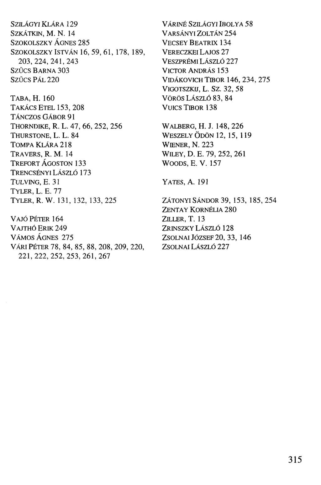 SZILÁGYI KLÁRA 129 SZKÁTKIN, M. N. 14 SZOKOLSZKY ÁGNES 285 SZOKOLSZKY ISTVÁN 16, 59, 61, 178, 189, 203,224, 241,243 Szűcs BARNA 303 Szűcs PÁL 220 TABA, H.