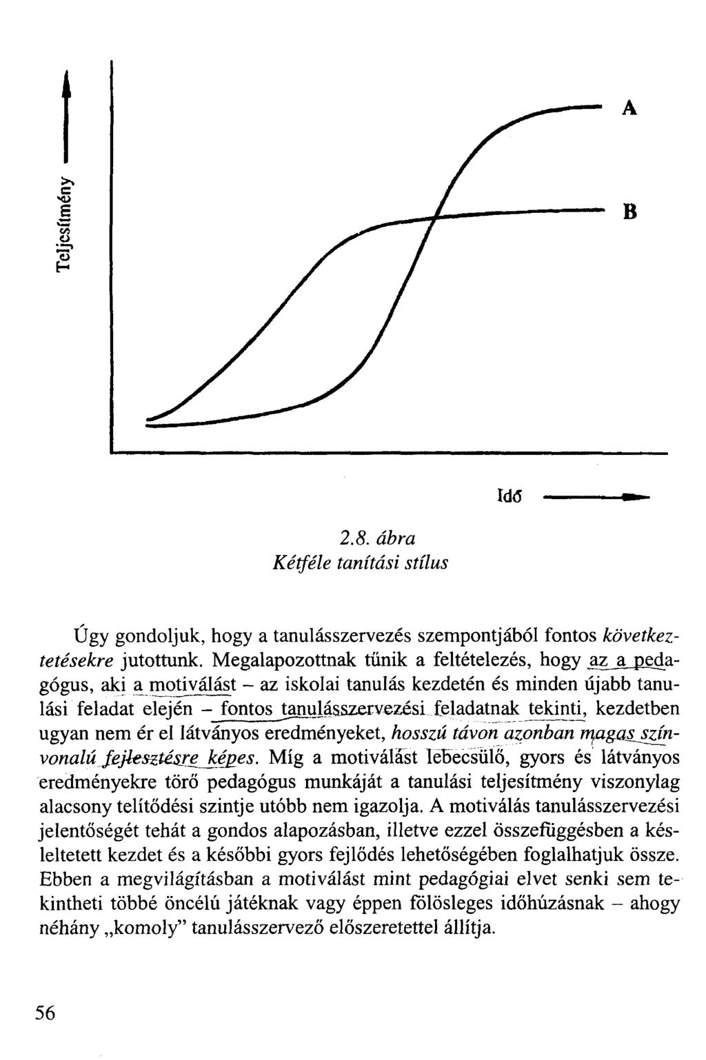 B Idő 2.8. ábra Kétféle tanítási stílus Úgy gondoljuk, hogy a tanulásszervezés szempontjából fontos következtetésekre jutottunk.