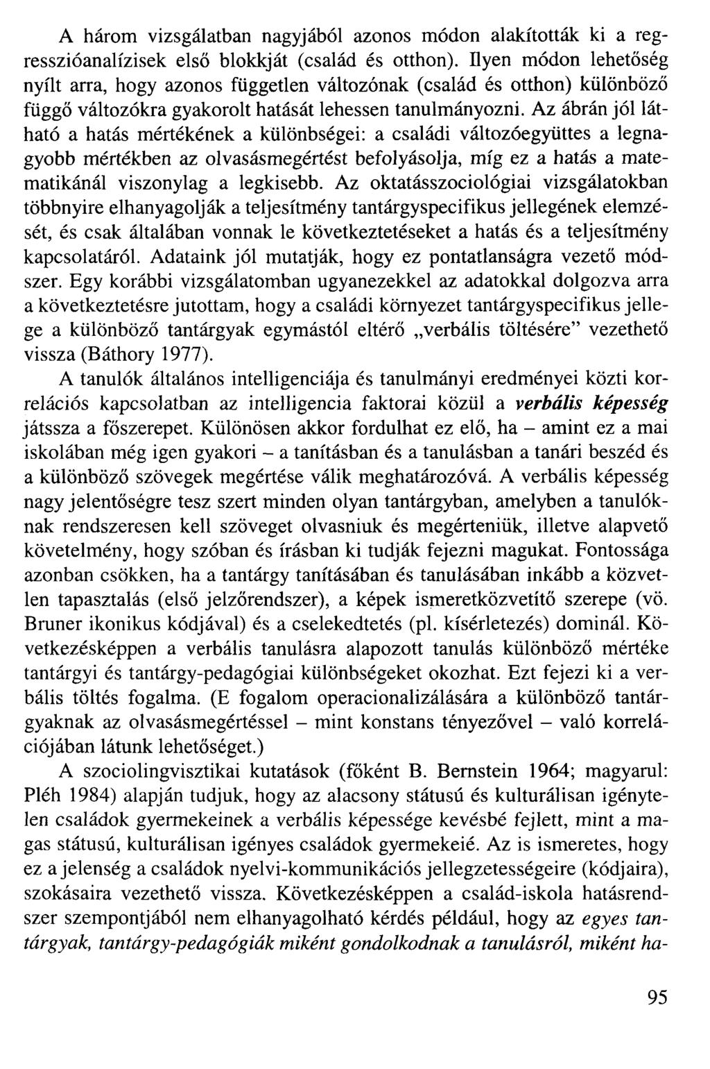 A három vizsgálatban nagyjából azonos módon alakították ki a regresszióanalízisek első blokkját (család és otthon).