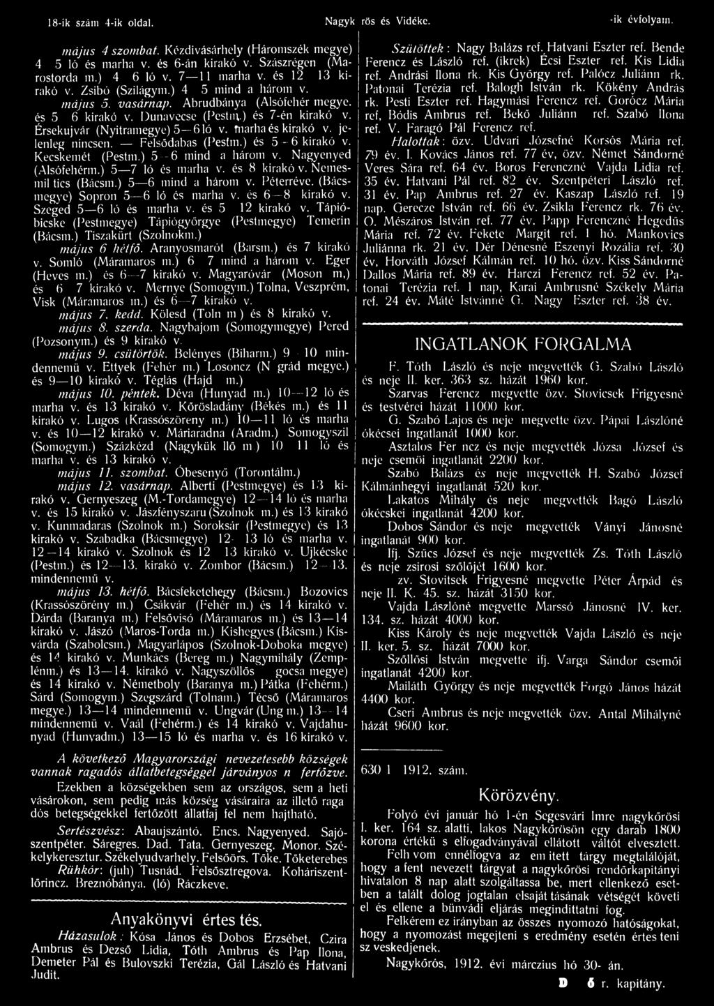 18-ik szám 4-ik oldal. Nagykőrös és Vidéke. II-ik évfolyam. május 4 szombat. Kézdivásárhely (Háromszék megye) 4 5 ló és marha v. és 6-án kirakó v. Szászrégen (Marostorda m.) 4 6 ló v. 7 11 marha v.