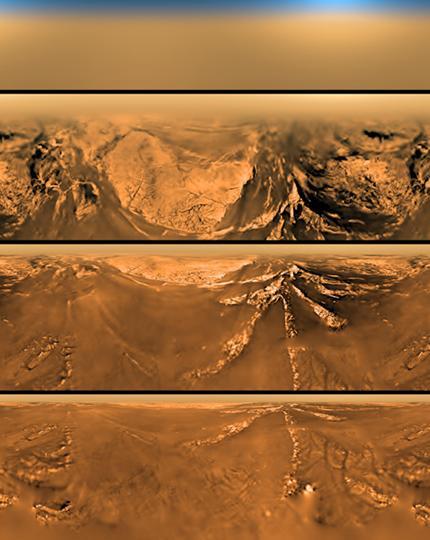 A szonda ereszkedése közben készült képsorok. (NASA/ESA.) A leszálló egység kiszáradt folyóvölgyeket is talált.