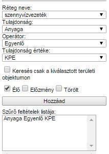 szűrjük ki). A Hozzáad gombra kattintva megjelenik a Szűrő feltételek listája. Az KPE vezetékek közül is szűrjük a 75 cm nél nagyobb átmérővel rendelkezőket.