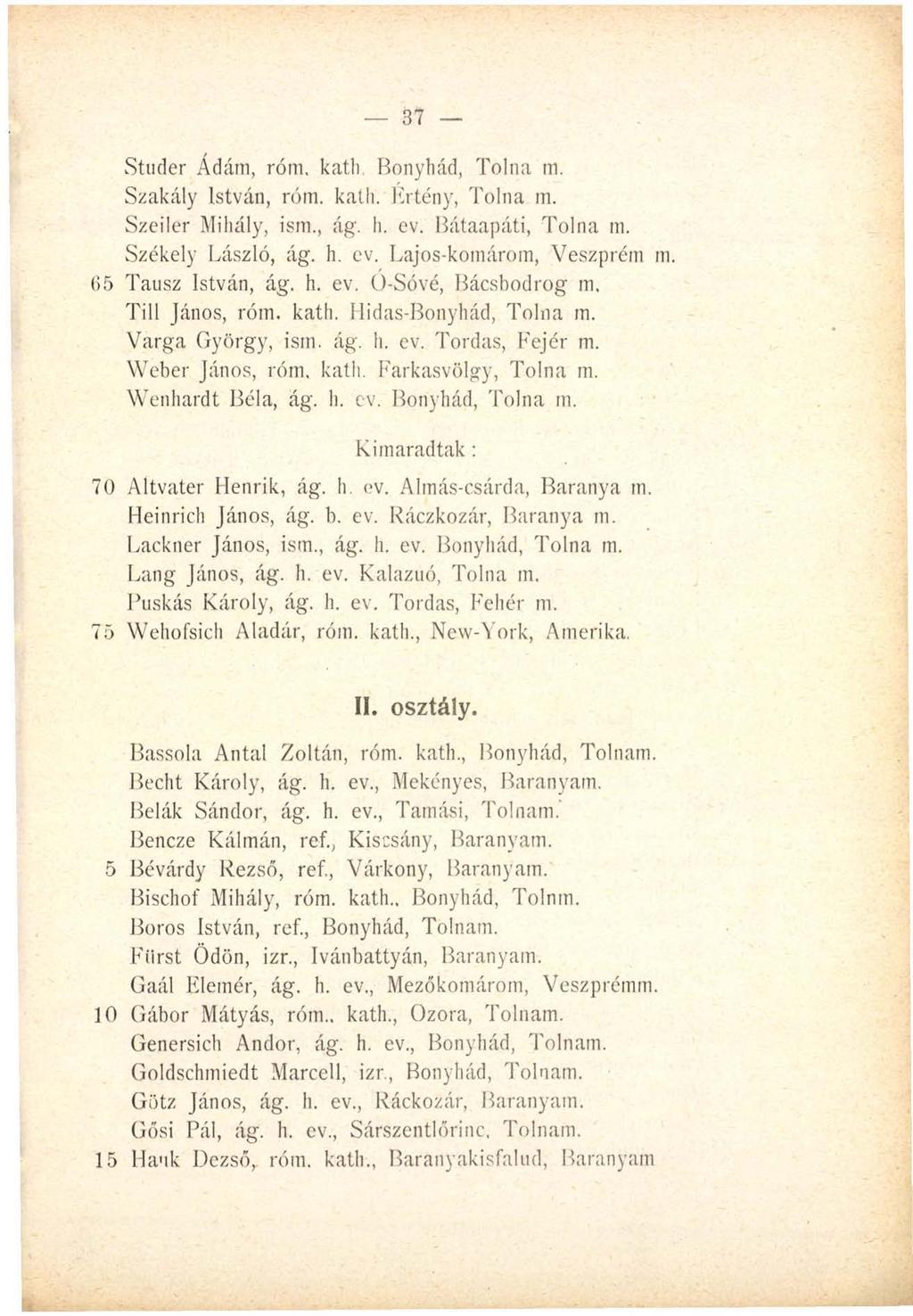 37 Studer Ádám, róni. kath Bonyhád, Tolna m. Szakály István, róm. katli. Értény, Tolna in. Szeder Mihály, isin., ág. h. ev. Bátaapáti, Tolna in. Székely László, ág. h. ev. Lajos-komárom, Veszprém m.