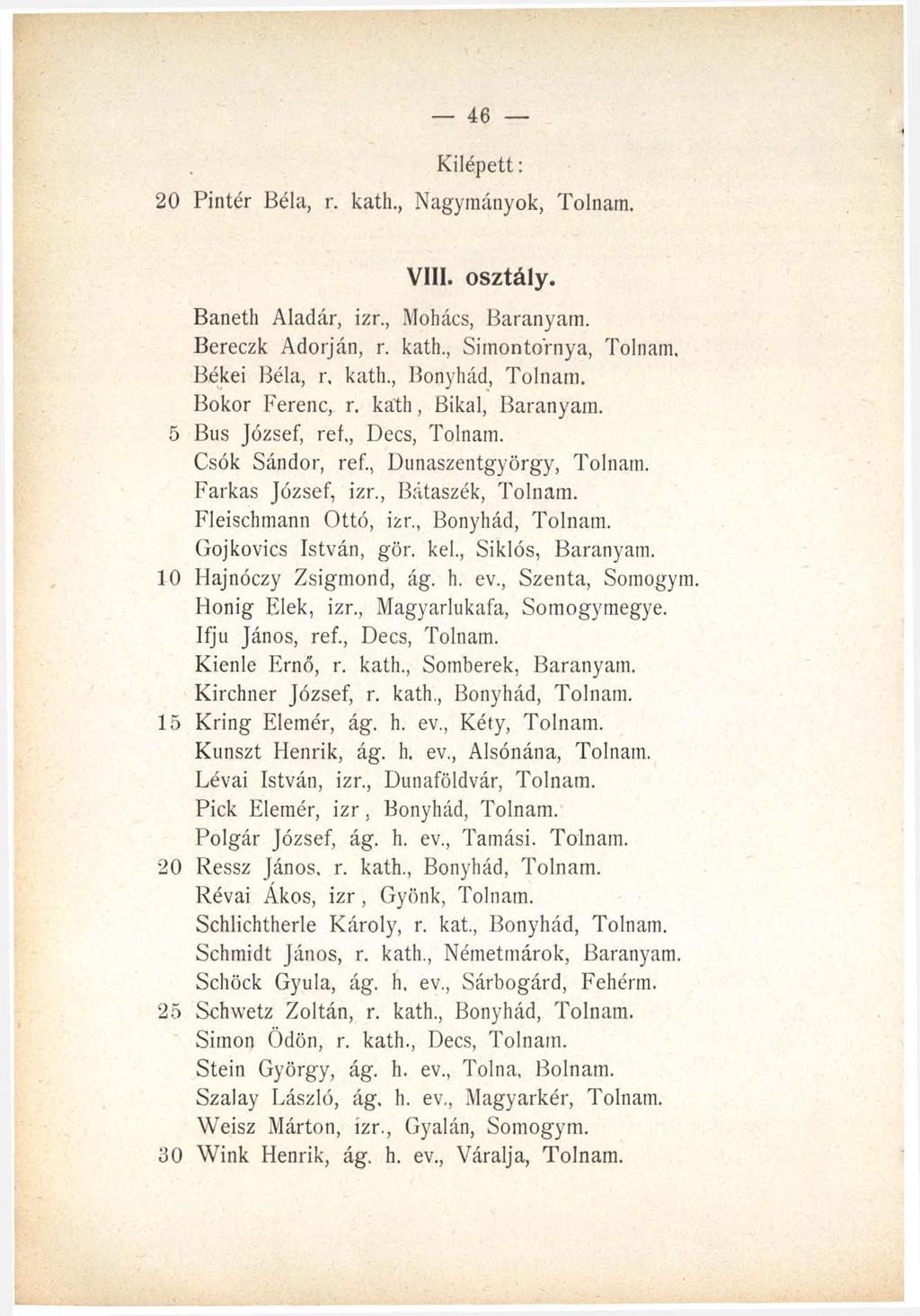 46 Kilépett: 20 Pintér Béla, r. kath., Nagymányok, Tolnám. VIII. osztály. Baneth Aladár, izr., Mohács, Baranyam. Bereczk Adorján, r. kath., Simonto'rnya, Tolnám. Békéi Béla, r. kath., Bonyhád, Tolnám.