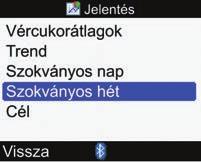 A szokványos hét jelentése A vércukormérő (egy szokványos hétre vonatkozóan) megjeleníti a vércukorértékek átlagát, az elvégzett mérések számát és a standard deviációkat az Ön által megadott