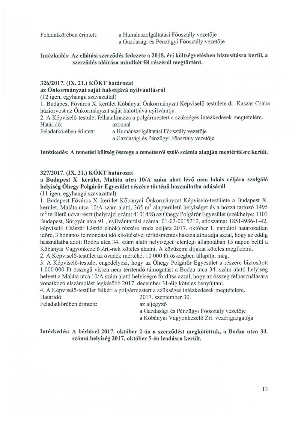 a Humánszolgáltatási Főosztály vezetője Intézkedés: Az ellátási szerződés fedezete a 2018. évi költségvetésben biztosításra kerül, a szerződés aláírása mindkét fél részéről megtörtént. 326/2017. (IX.
