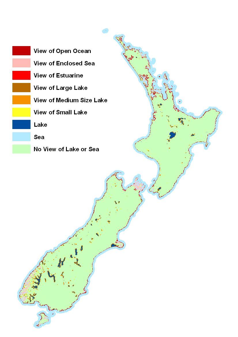 Vízre való ráláthatóság A tájkarakter alapú tájtipizálási rendszerek felhasználásával kapcsolatos Új Zéland gyakorlatában a meghatározásához a DDM-et és a vízfelszínek helyét tartalmazó réteget