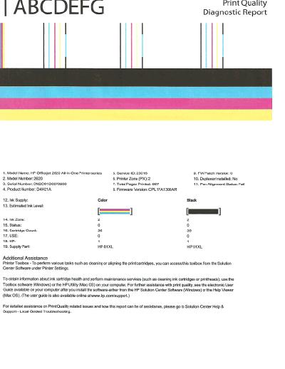 d. Diagnosztikai oldal nyomtatásához kattintson az Eszközjelentések lap Diagnosztikai információk nyomtatása elemére. Ellenőrizze a kék, a bíbor, a sárga és a fekete mezőket a diagnosztikai lapon.