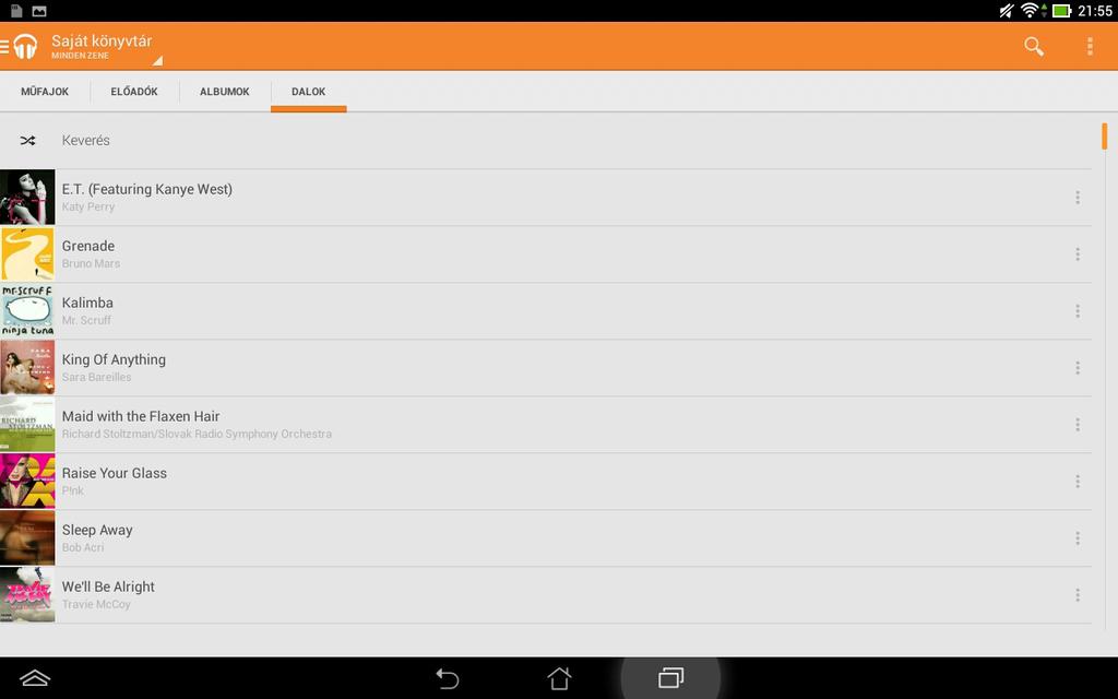Kiemelt előtelepített alkalmazások Play Music A Play Music alkalmazás egy integrált felület a zenetárához, ami lehetővé teszi a belső tárolón vagy telepített külső adathordozón lévő zenei fájlok