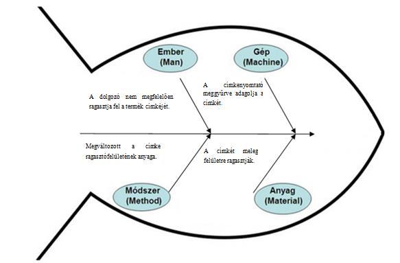 Az Ishikawa-diagram jobb oldalán, a hal fejében a definiált probléma áll. A hiba okait 4M, vagy 5M struktúra szerint lehet csoportosítani.