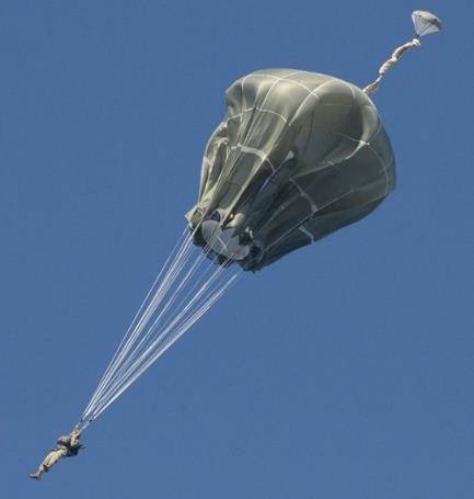 The pilot chute can be seen on the top of the parachute canopy [25] At the moment of dropping the paratrooper-parachute complex has not got vertical speed, but its horizontal speed is equivalent to