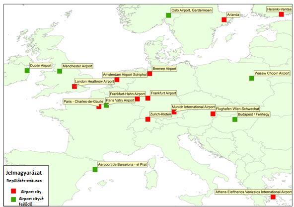 3. ábra Aerotropolis-ok és airport city-k Európában, 2013 [8] További kétségként jelenik meg, hogy adott esetben kritikus azoknak az infrastruktúráknak a koncentrációja, amelyek nem kizárólag a légi