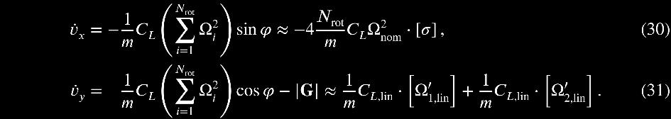 Limits for the maximal and minimal angular velocities are introduced as Ω min = 0 and Ω max = 2Ω nom. These constraints are enforced by the saturation of the driving signals u i.