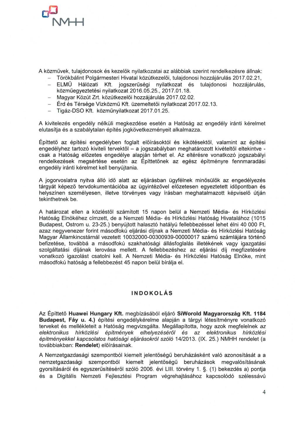 ep NVI-+-f A közművek, tulajdonosok és kezelök nyilatkozatai az alábbiak szerint rendelkezésre állnak: - Törökbálint Polgármesteri Hivatal közút k ezelői, tulajdonosi hozzájárulás 2017.02.