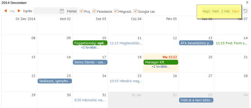 2.7.4 Nézet váltása 85. ábra Nézet váltása A felhasználó be tudja állítani, hogy mekkora időszakot jelenítsen meg a Naptár.Időszakok: Napi Heti 2 hét Havi 2.7.5 Frissítés A frissítés ikonra kattintva a felhasználó a JustDoo-ban rögzített, megváltoztatott eseményt szinkronizálhatja a Google Calendar-ral.