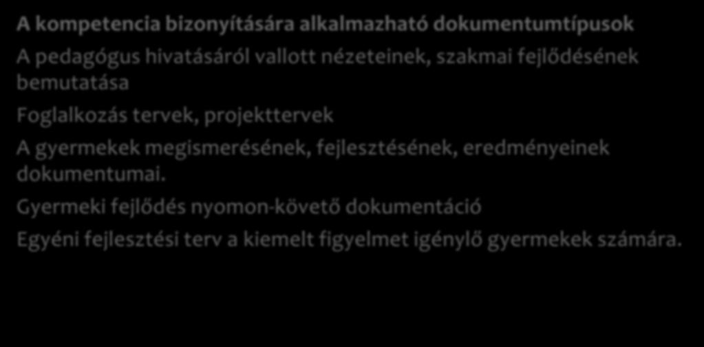 1. Kompetencia A gyermek személyiségének fejlesztése, az egyéni bánásmód érvényesülése A kompetencia bizonyítására alkalmazható dokumentumtípusok A pedagógus hivatásáról vallott nézeteinek, szakmai