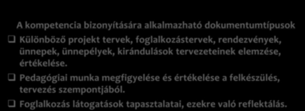 4 Kompetencia A pedagógiai folyamat tervezése A kompetencia bizonyítására alkalmazható dokumentumtípusok Különböző projekt tervek, foglalkozástervek, rendezvények, ünnepek, ünnepélyek,