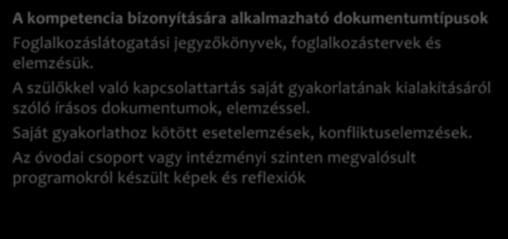 7.Kompetencia Kommunikáció és szakmai együttműködés A kompetencia bizonyítására alkalmazható dokumentumtípusok Foglalkozáslátogatási jegyzőkönyvek, foglalkozástervek és elemzésük.