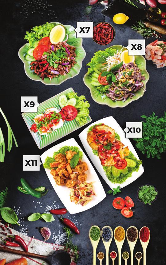 SALÁTÁK SALADS X7 LARB / LARB PED (LIMITED NUMBER DAILY) Hús Fűszeres Friss Lime Lével, Vörös- és Újhagyma, Száraz Chili, Koriander Duck Meat Mixed with Spicy Fresh Lime Juice, Red and Spring Onions,