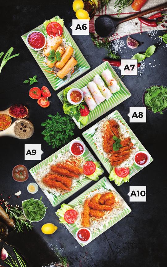 ELŐÉTELEK STARTERS A6 PAW PIA THAWT Rízstészta lapba Tekert Csirke, Káposzta, Aranybab, Tészta, Szárított Fafülgomba, Répa Rolls of Noodle Sheet, Chicken, Cabbages, Mung Bean, Noodles, Carrots A7 PAW