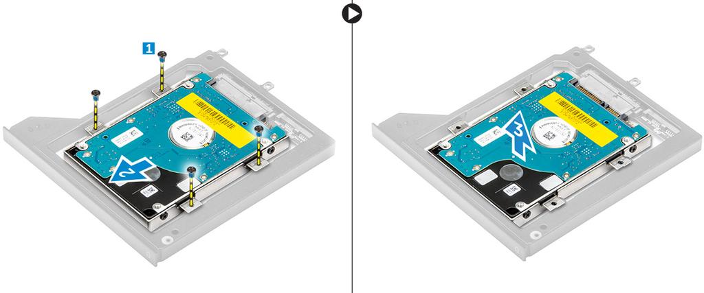 A merevlemez-meghajtó telepítése az optikai meghajtó foglalatból 1. Helyezze a merevlemez-meghajtót a keretébe. 2. A merevlemez-meghajtó rögzítéséhez húzza meg a csavarokat. 3.